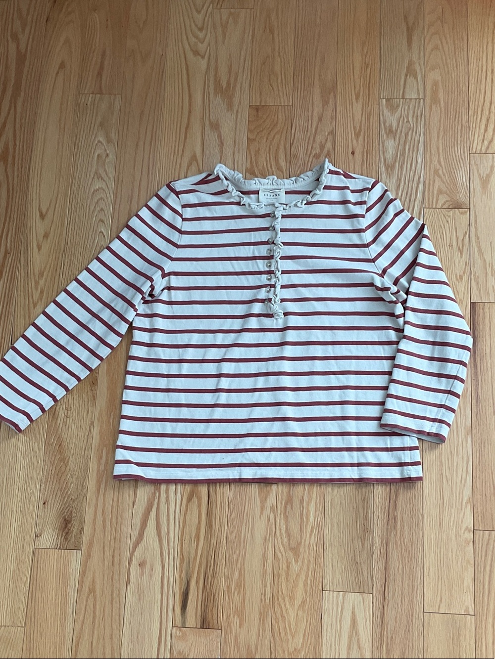 Sezane Striped Long-Sleeve Ruffle Henley size XL
